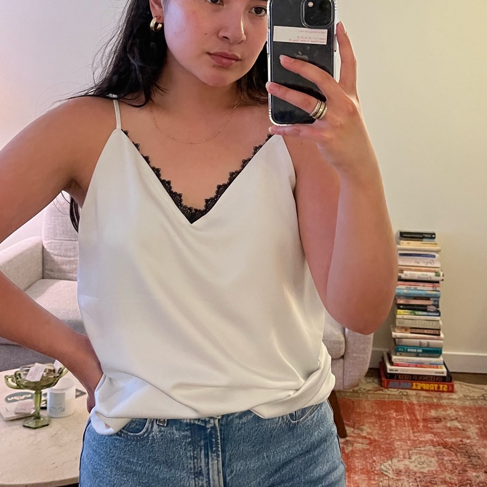 White v neck tank top, black lace trim